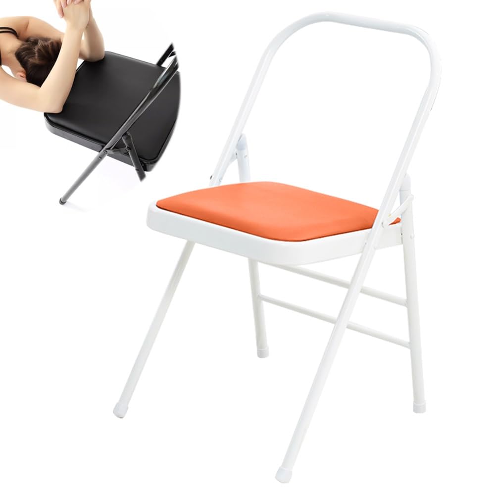 Silla Plegables De Yoga Pilates, Silla Auxiliar Yoga para Hogar, Silla De Yoga Iyengar Plegable, Silla De Yoga De Metal con Respaldo, Cuero PU De Calidad(Orange)