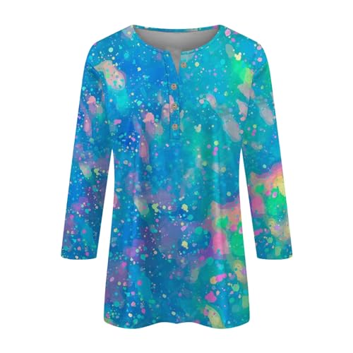 Camisetas femininas de manga 3/4 casual de verão, estampa de mármore, caimento solto, gola Henley, a