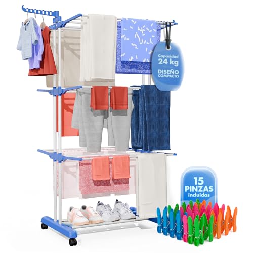 EMMA HAPPY - Tendedero Vertical Plegable XXL con Ruedas - Tendedero para Ropa Tipo Torre de Gran Capacidad para Interior Exterior y Terraza Incluye 15 Pinzas - Color Azul