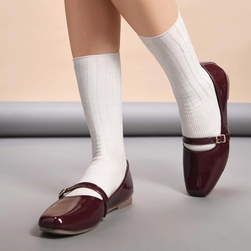 Image of Duosoft Women's Mary Jane Flats, Burgundy, Patent Leather, Square Toe, Buckle Strap