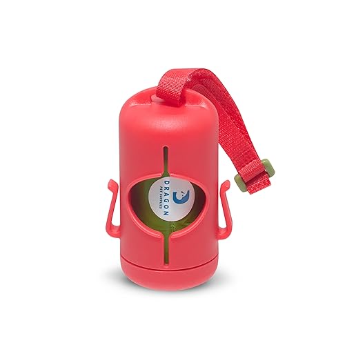 Image of DRAGON Waste Bags Durable Dispenser, Dog poop bags holder with Two Hooks on the side for Used Poop Bags, leash attachment strap and 15 Poop Bags (RED)