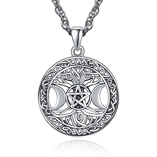 Triple Moon Goddess Necklace 925 Sterling Silver Tree of Life Pentacle Pentagram Necklace for Women Men Wiccan Jewelry