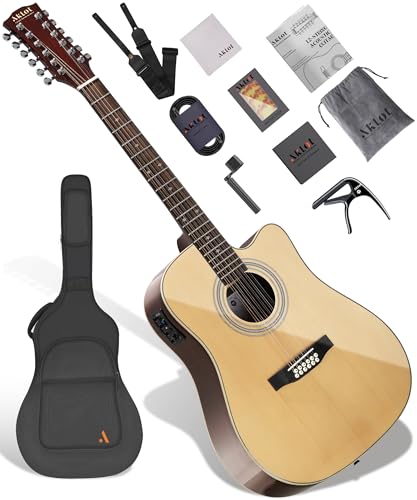 AKLOT 12-String Acoustic Electric Guitar: Rosewood Back and Sides with Spruce Top 41-inch Cutaway Body Built-in Pickup; Deluxe Set Includes Guitar Bag Tuner Cable Capo Strings & Picks (SN-NA)