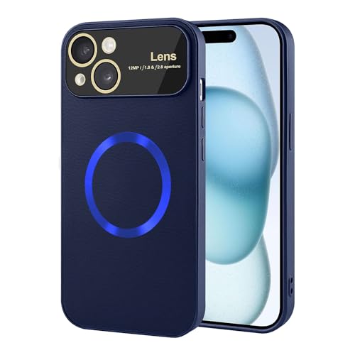 Image of Vaku Luxos Premium Polarized Leather Back Cover for iPhone 15 Plus Texture Full Lens Protection Silicon Case Scratch Resistant Slim Thin Compatible with Mag-Safe - Blue