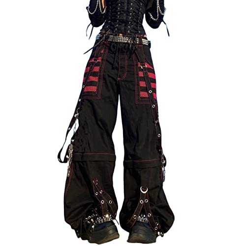 Acehomeyfit Women Gothic Punk Cargo Pants High Waist Flare