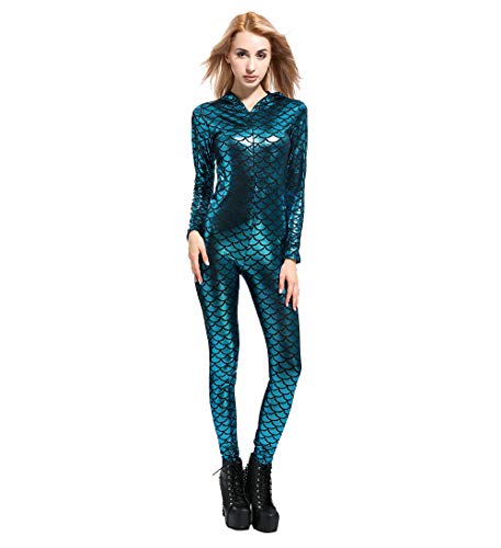 SAINDERMIRA Women's Sexy Metallic Fish Scale Mermaid Bodysuit Shiny Unitard Costumes(Blue,M)