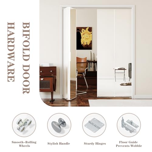 Image of Bifold Door for 60 inchx80 inch Opening, Preassembled Aluminum Alloy Mirrored Folding Door with Hardware Kit Included, Interior Bi fold Barn Door for Bedroom & Closet, White