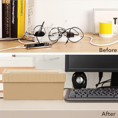 Image of Soko Cable Management Box with Mobile Stand | Cords Hider & Surge Protector | Concealer for Power Strips, Router, Gadget Wires Storage Organizer Tray for Desk, Table - Home, Office - Beige