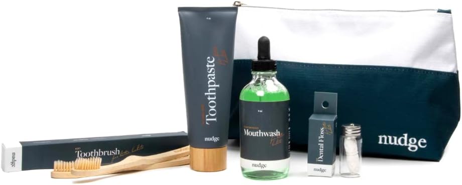 Oral Care Kit – Complete Set with Mint Toothpaste, Bamboo Toothbrushes, Mouthwash Concentrate, Silk Floss & Reusable Bag