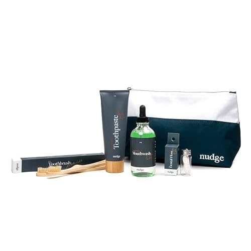 Nudge Kit de cuidado bucal: juego completo con pasta de dientes de menta, cepillos de dientes de bambú, concentrado de enjuague bucal, hilo de seda
