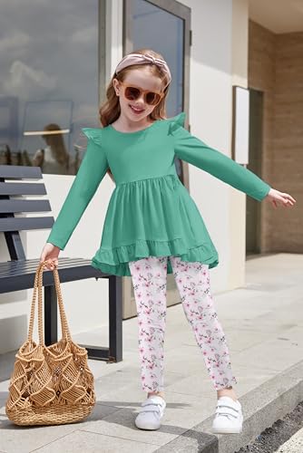 Image of Arshiner Toddler Girl Clothes Ruffle Long Sleeve Top and Floral Print Leggings 2Pcs Kids Fall Clothing Sets 2-3t Green