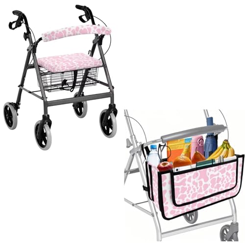 Uorisanigo Pink Leopard Print Rollator Seat Cover Rollator Walker Accessories Cover for Rollator Replacement Large Storage Basket for Rollator Walker