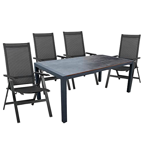 acamp Gartenmöbel Set wetterfest | 4er Set Urban Hochlehner Gartenstuhl klappbar mit atmungsaktivem Acatex-Gewebe | Extensio Fix Gartentisch mit Aluminium-Gestell | Sitzgruppe Garten in Anthrazit