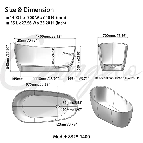 Cpingao Stone Resin Solid Surface 55" Oval Freestanding Bathtub, Modern Stand Alone Soaking Tub With Overflow And Pop Up Drain, One-Piece Molding Matte White 8828-1400 #TOP4