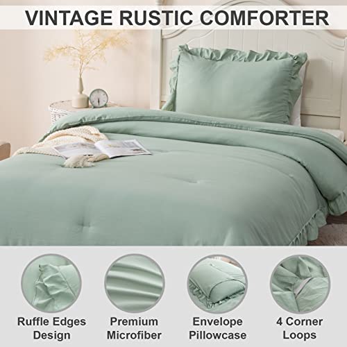 Andency Sage Green Twin Comforter Set, 2 Pieces Kids Ruffle Comforter Set Twin(66X90Inch), Farmhouse Shabby Chic Comforter Set, Soft Microfiber Kids Bedding Set #TOP3