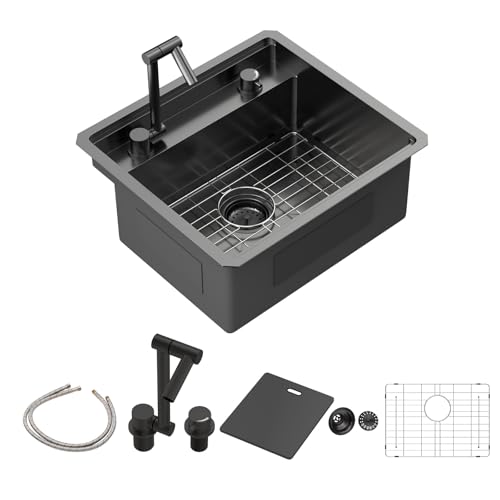 Sarlai Black Undermount Bar Sink With Foldable Faucet - 21x19 Inch Outdoor Black Kitchen Sink RV Workstation 16 Gauge Stainless Steel Single Bowl Handmade Outdoor BBQ Sinks with Lid