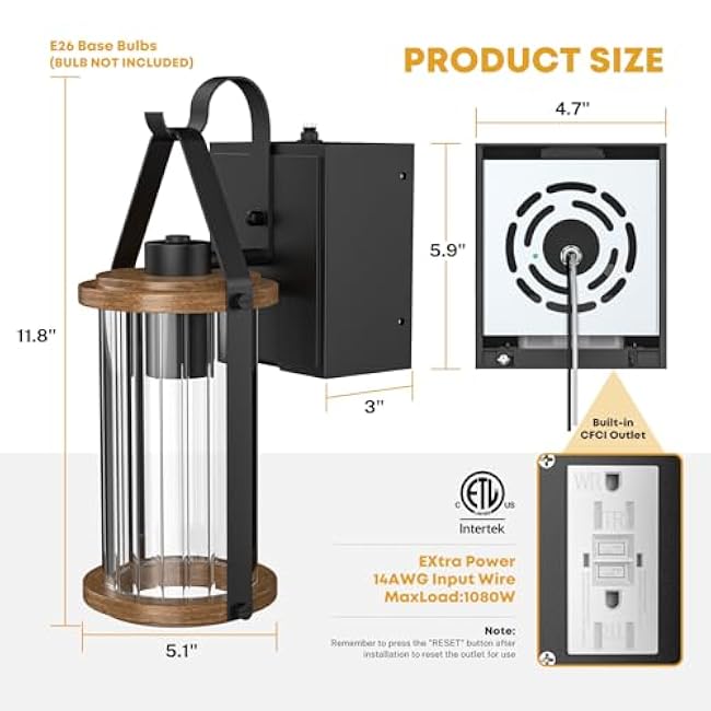 Porch Light with Outlet GFCI Dusk to Dawn Outdoor Lights 1 Pack for House Waterproof Exterior Lighting Fixtures Wood Glass Front Porch Garage Black