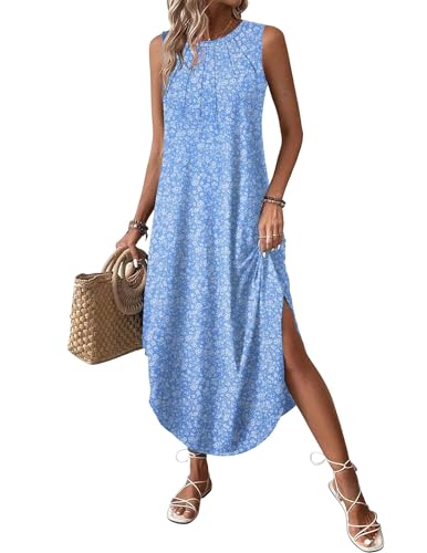 Image of Zeagoo Women's Summer Floral Sundress, Light Blue, Size Large, Patterned, Sleeveless, Calf Length, Casual, Adult Women