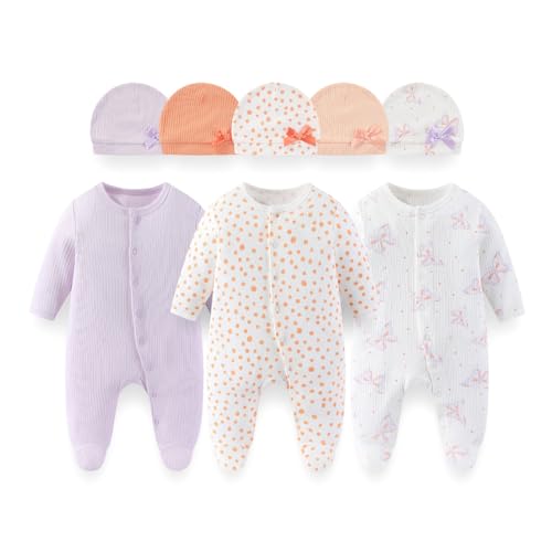 Image of BABYSOLIS 8 Pack Unisex Baby Boy Girl Footed One-piece Outfit Infant Hats 0-12months Comfort New Born Romper Clothes