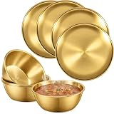 Teecyhooo 8 Pieces 304 Stainless Steel Plates and Bowls Sets - 9 Inch Metal Camping Plates Reusable 20oz Steel Snack Bowls Feeding Serving Dinner Dishes Double Insulated for Adult Girls Boys (Gold)