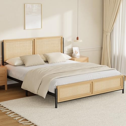 GarveeHome Boho Full Size Bed Frame with Natural Rattan Headboard and Footboard, Wooden Full Platform Bed No Box Spring Needed, Noise-Free Easy Assemb