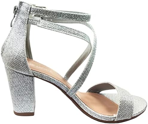 Over the Toe Strap Ankle Wrap Strap Heel Open Toe Block Heel Criss Cross Low, Silver, 8 | Image 3