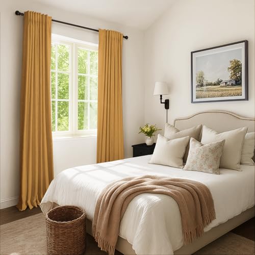 INOVADAY 100% Blackout Curtains 108 Inches Length 2 Panels Set, Back Tab/Rod Pocket Linen Black Out Curtains for Bedroom, Thermal Insulated Window Drapes - Dijon Mustard, W50 X L108