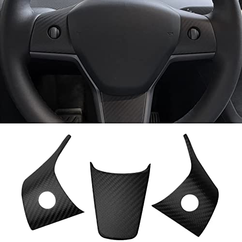 Leeiion Tesla Real Carbon Fiber Steering Wheel Trim Cover 3Pcs For 2017-2023 Model 3&Y,3K Toray Dry Carbon Fiber Interior Accessories Compatible With Tesla Model 3&Y(Matte Black) #TOP1