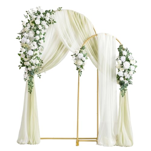 Ling's Moment Wedding Arch Backdrop Stand with Flowers - 7.2FT, 6FT Double Metal Arch Frame with Drapes for Ceremony Decoration - Bridal Shower, Artificial Floral Birthday, Set of 2, White Ivory Green