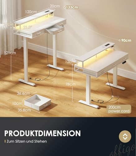 OffiGo Biurko elektryczne z szufladami, 120cm Biurko z regulacją wysokości z podstawką pod monitor, Biurko z Elektryczną z gniazdkami elektrycznymi i listwą oświetleniową, Standing Desk, białe