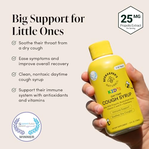 Image of Beekeeper's Naturals Honey Cough Syrup for Kids, Elderberry, Daytime, 4oz | Immune Support with Elderberry, Vitamin C, Vitamin D & Raw Honey, Throat Soothing, Gluten Free & Clean Ingredients