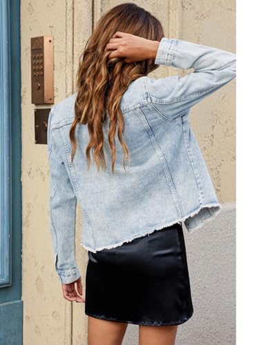 Image of luvamia Denim Jacket for Women Distressed Jean Jackets Button Up Vintage Western Trucker Jacket Frayed Hem Pockets