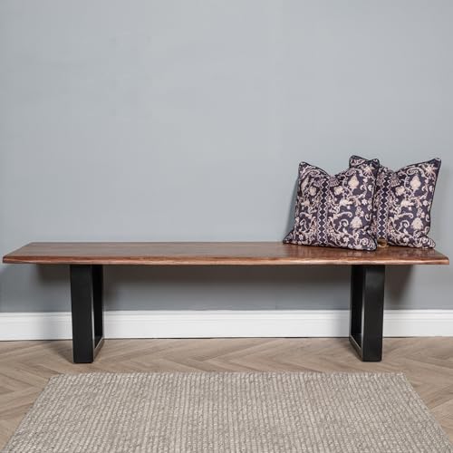 Image of Elm home and garden Solid Mango Wood Live Edge Dining Bench, Dark Oak Finish, Metal, 45cm High x 155cm Wide x 40cm Deep