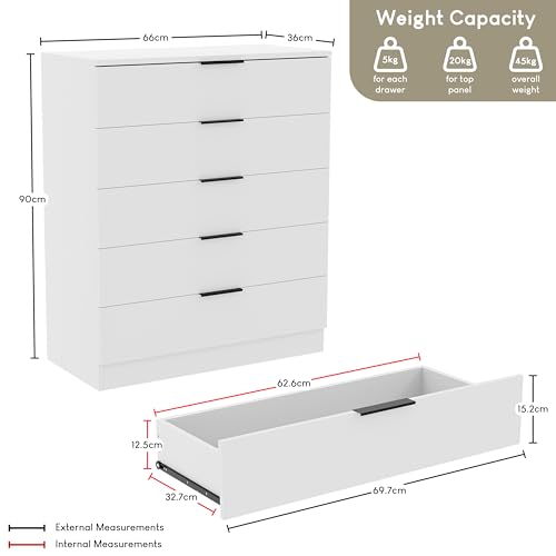 Vida Designs Trega 5 Drawer Chest Of Drawers White - Compact Space-Saving Bedroom Storage Unit - 90Hx66Wx36Dcm - Anti-Bowing Support, Modern Black Handles, Glide Runners - Ideal For Bedroom & Nursery - 2