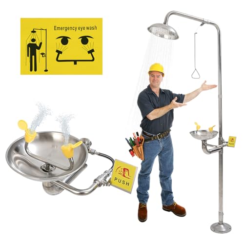 Combination Eye Wash Station, Emergency Eyewash Stations OSHA Approved 304 Stainless Steel Eyewash Shower Station for Industrial & Commercial & Lab Use,NPT Thread, with Emergency Sign
