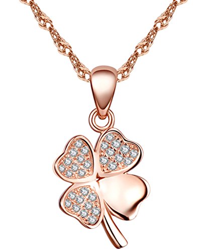 Preisvergleich Produktbild Yumilok 925 Sterling Silber Zirkonia Roségold / Silbe Vierblättriges Kleeblatt Anhänger Halskette Kette mit Anhänger für Damen Mädchen (Roségold)