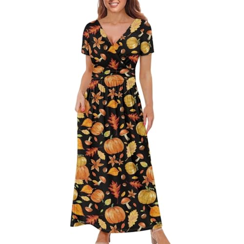 Image of Women's Fall Summer Short Sleeve Ankle Length V-Neck Party Dress with Pockets Size S-3XL