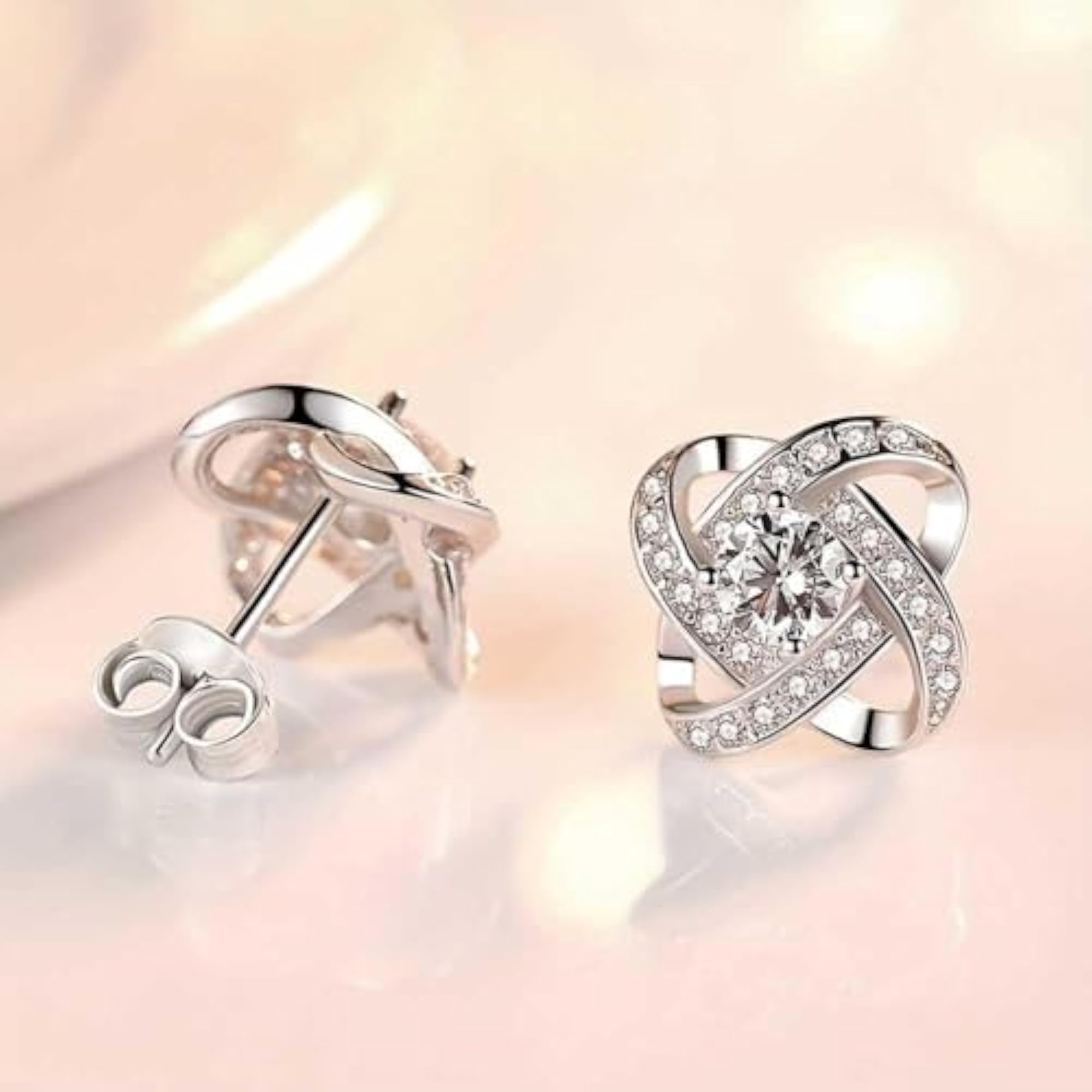 Celtic Knot Stud Earrings with Cubic Zirconia, Silver Plated