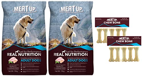 Image of Meat Up Adult Dog Food, 10 kg (Buy 1 Get 1 Free) & Meat Up Pressed Chew Bones, Dog Treats, 4 inches, 200g (Buy 1 Get 1 Free)