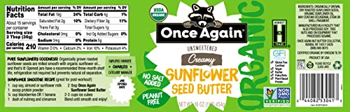 Once Again Organic Creamy Sunflower Butter, 16Oz - Salt Free, Unsweetened - Peanut Free, Usda Organic, Gluten Free Certified, Vegan, Kosher - Glass Jar #TOP3