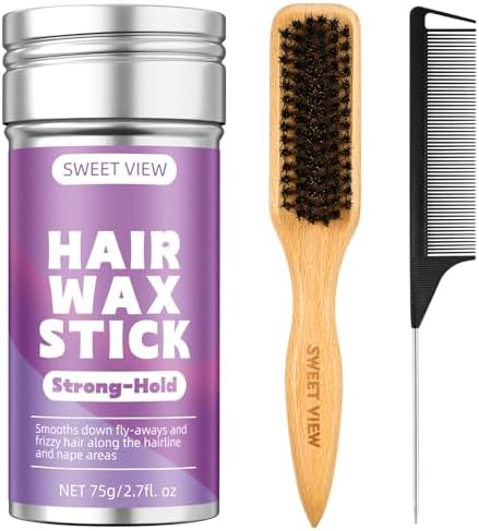 SWEET VIEW Boar Bristle Slick Back Hair Brush & Hair Wax Stick for Tame Flyaways, Frizz, Sleek Ponytail, Buns and Edge Baby Hair, Styling Accessories for Girls, Kids and Women