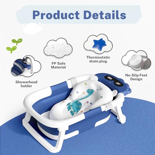 Image of AVIDOR Baby Bathtub,Collapsible Bathtub for Newborn to Toddler,Durable Essential Infant Bath Tub,Portable Travel Baby Tub with Soft Bath Net,No-Slip Feet and Dinosaur Shaped (Navy Blue)