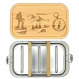 Thiger Brotdose zum Wandern - Edelstahl mit Fächern und Holzdeckel - Personalisiertes Geschenk - Lunchbox für Wanderer - Wanderlust (1100 ml + 2 Trennwände)
