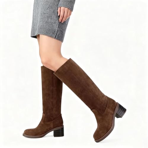 Image of ZJGZF Womens Banana Knee High Boots Square Toe Comfortable Boots Block Heel Riding Boots Wide Calf Tall Boots