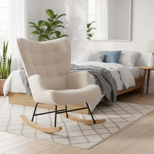 Fauteuil à Bascule Scandinave, Rocking Chair Confortable avec Haut Dossier, Pieds à Bascule en Bois Massif et Structure en Métal, Idéal pour Salon, Chambre et Bébé – Image 5