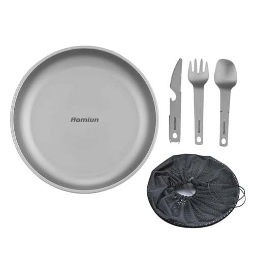 Aomiun Titanium Camping Plate Utensil Set of 4, Ultralight Titanium Plate Dish with Knife Fork Spoon, Portable Outdoor Camping Tableware Cutlery Cookware for Backpacking Hiking Travelling Picnic BBQ