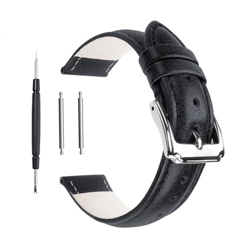 Berfine 20mm Black Calf Leather Watch Band Replacement,Extra Soft Watch Strap for Men Women