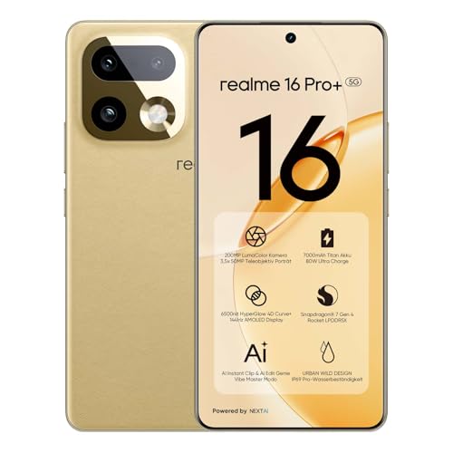 realme 16 Pro+ 5G Smartphone 8Go + 256Go, Caméra LumaColor 200MP + 50MP, Téléphones Portables Débloqués Snapdragon® 7 Gen 4, Batterie 7000mAh avec Charge Rapide 80W, 6,8" 144Hz AMOLED Écran, Or - 2