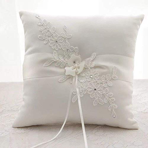 Guihe Lace Pearl Ivory Satin Flower Wedding Ring Bearer Pillow 8.2Inch X 8.2 Inch For Wedding Decorative #TOP1