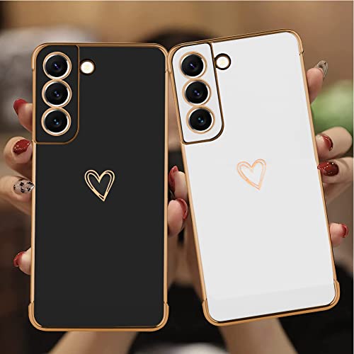 Mzelq Compatible With Samsung Galaxy S22+ Plus Case For Women Cute Luxury Gold Heart Pattern Design, Full Camera Protection & Soft Tpu Shockproof Protective Plating Edge Phone Case, 6.6 Inch, Black #TOP3